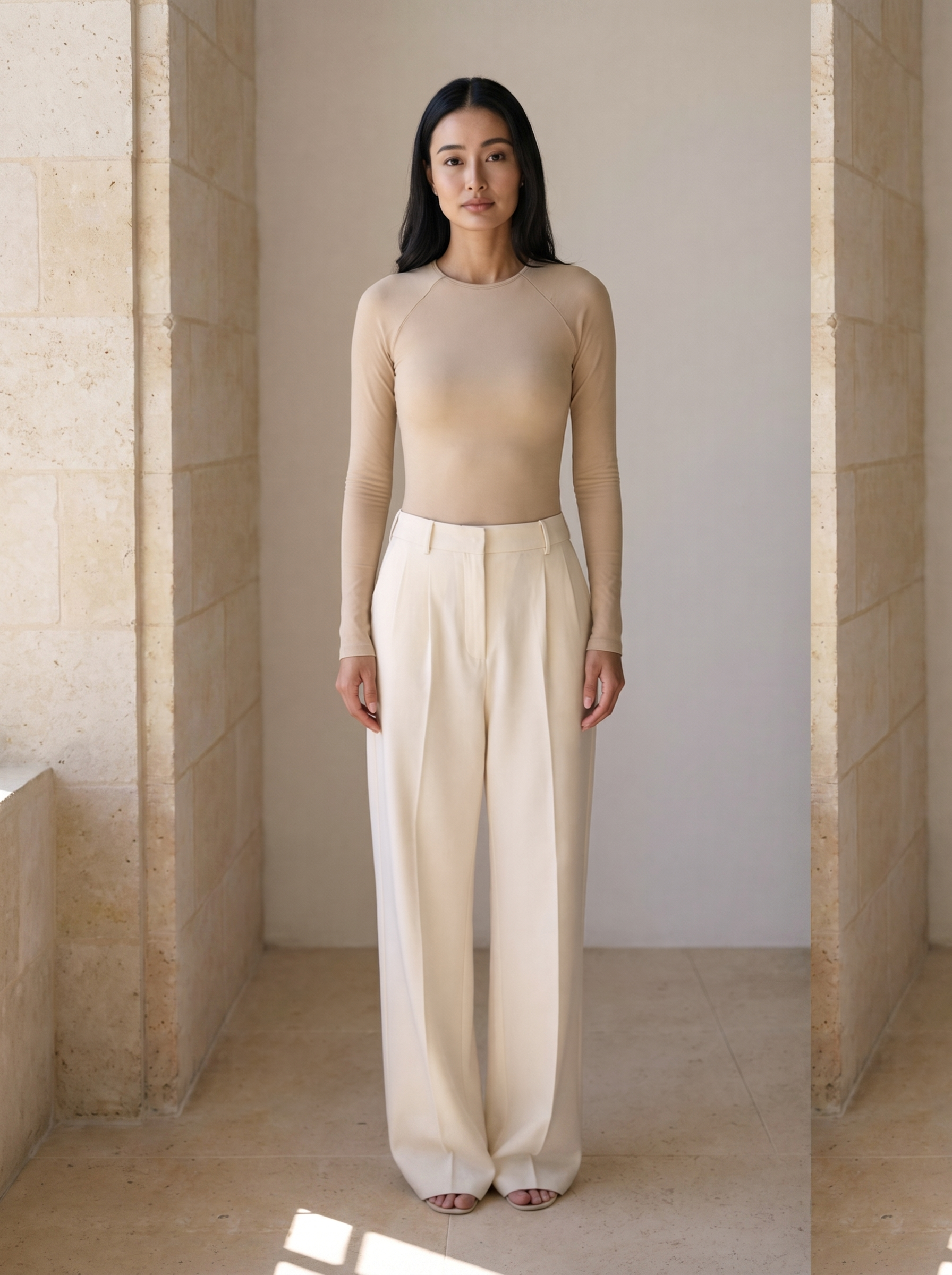 Woman in high-waisted cream wide-leg trousers with a fitted beige knit