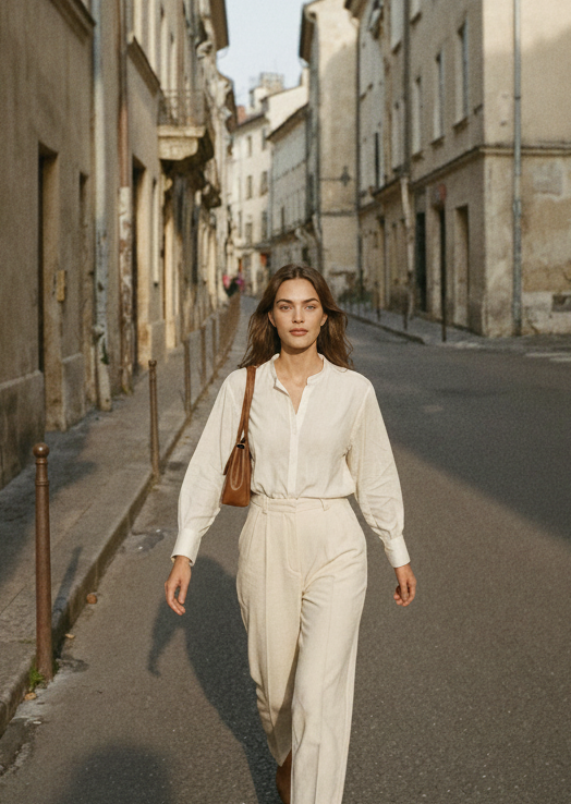 Woman in a cream linen outfit walking through a sunlit European old town street