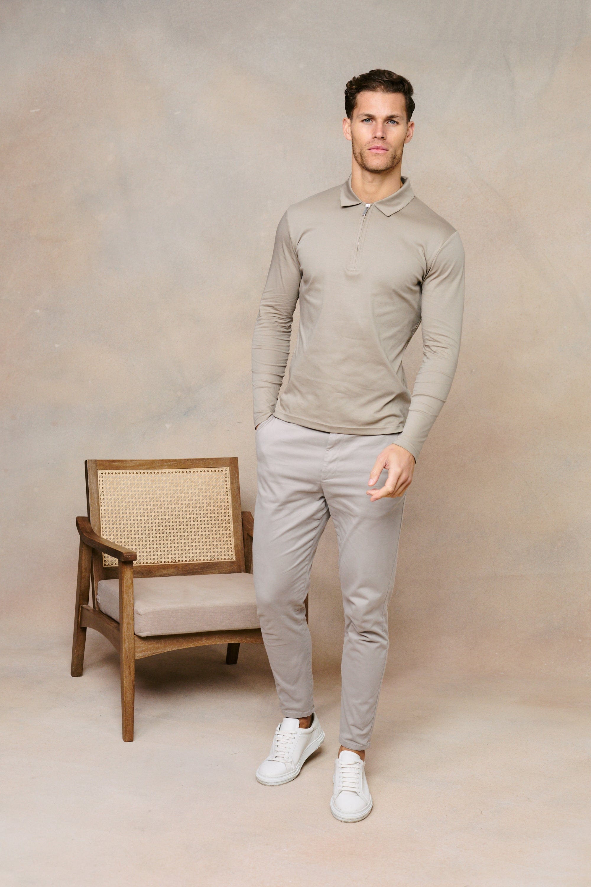 Premium Long Sleeve Zip Polo - Sand