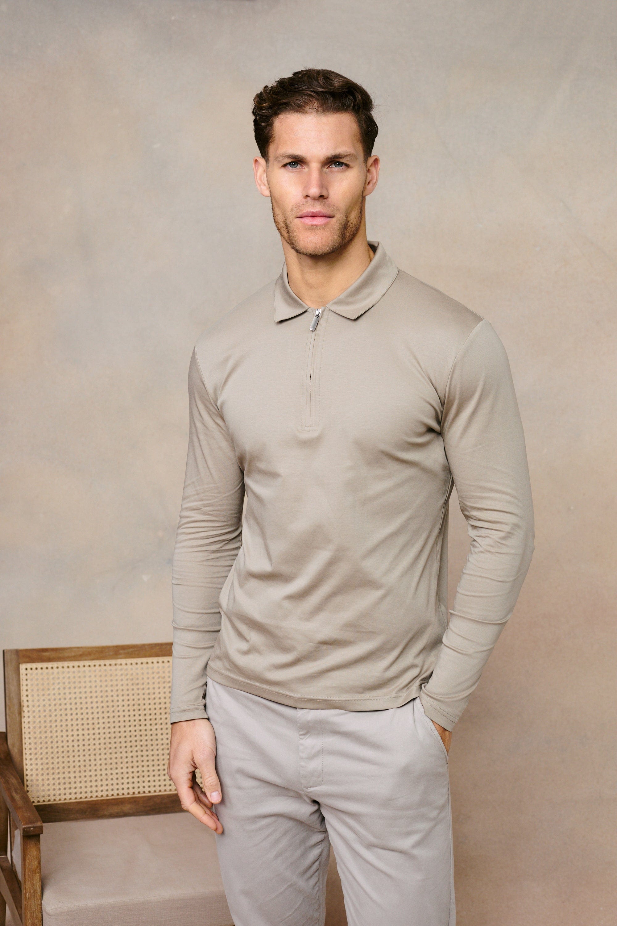 Premium Long Sleeve Zip Polo - Sand