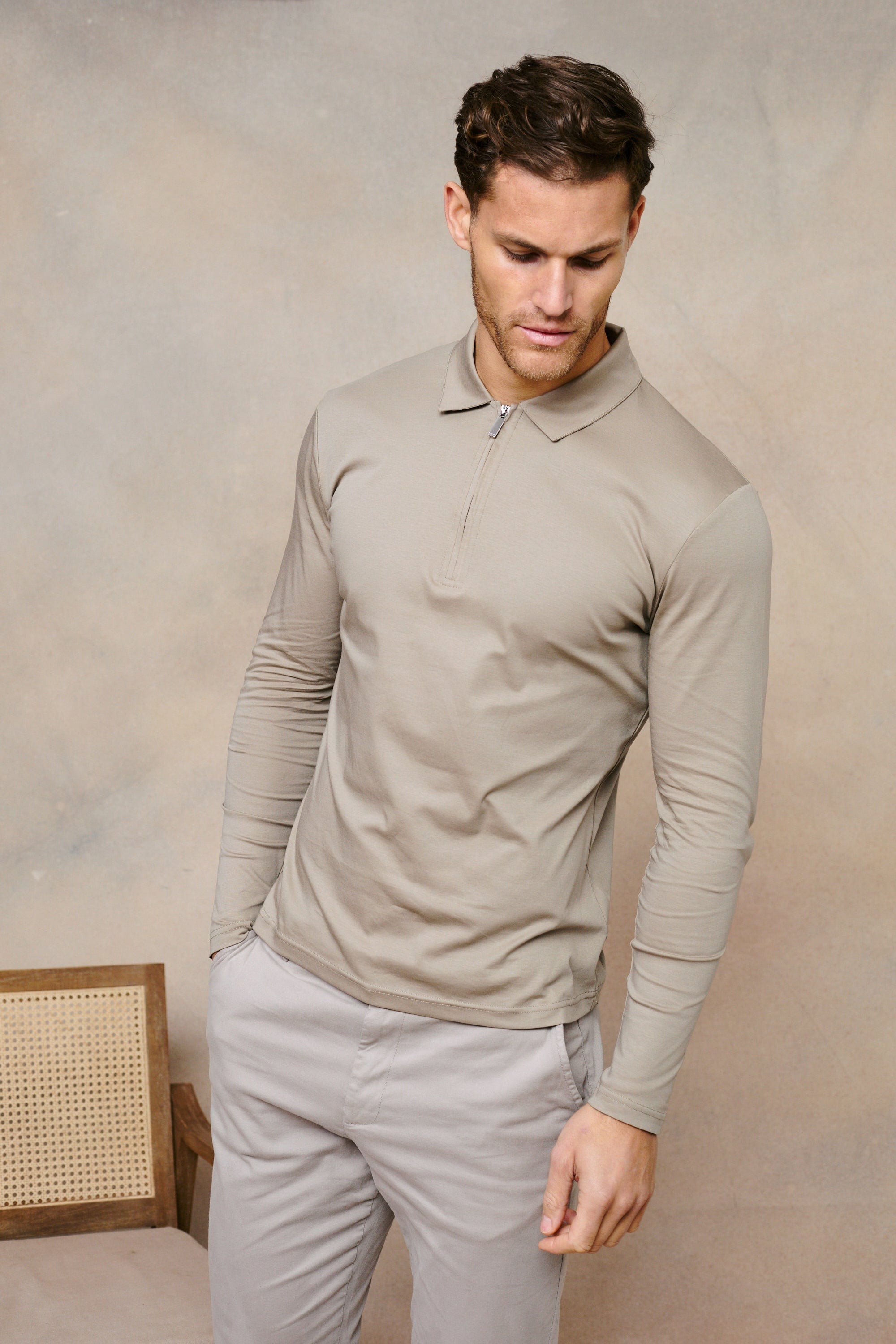Premium Long Sleeve Zip Polo - Sand