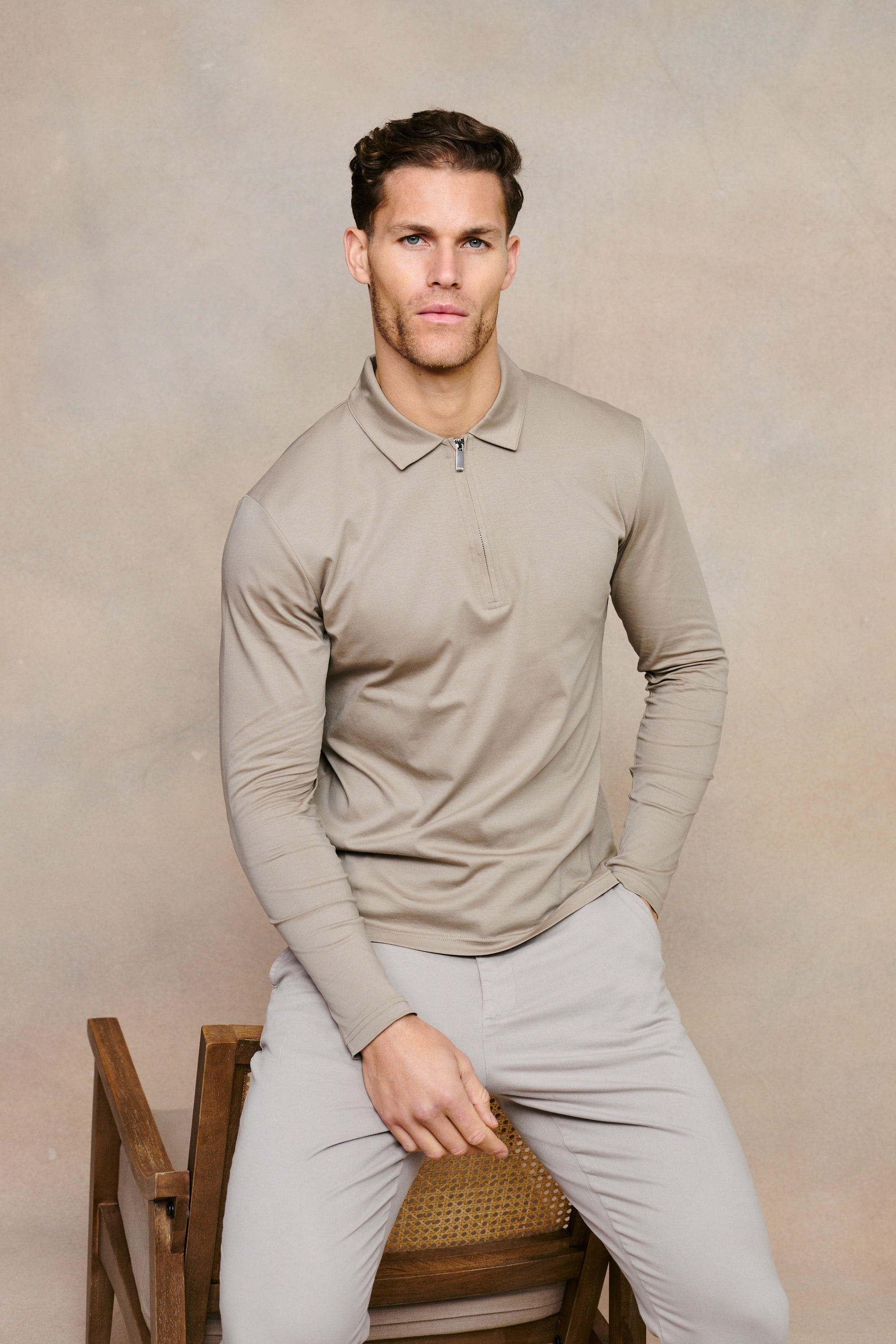 Premium Long Sleeve Zip Polo - Sand