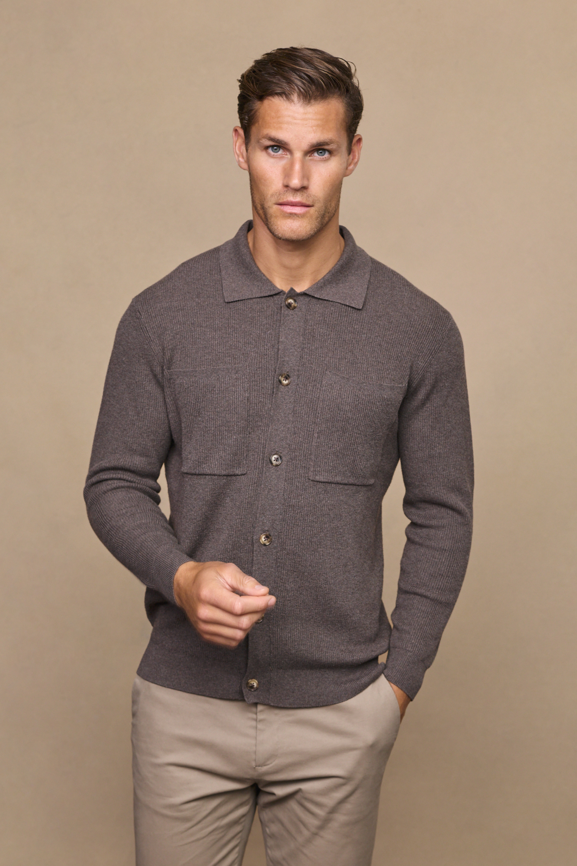 Elias Light Brown Marl Ribbed Pocket Cardigan