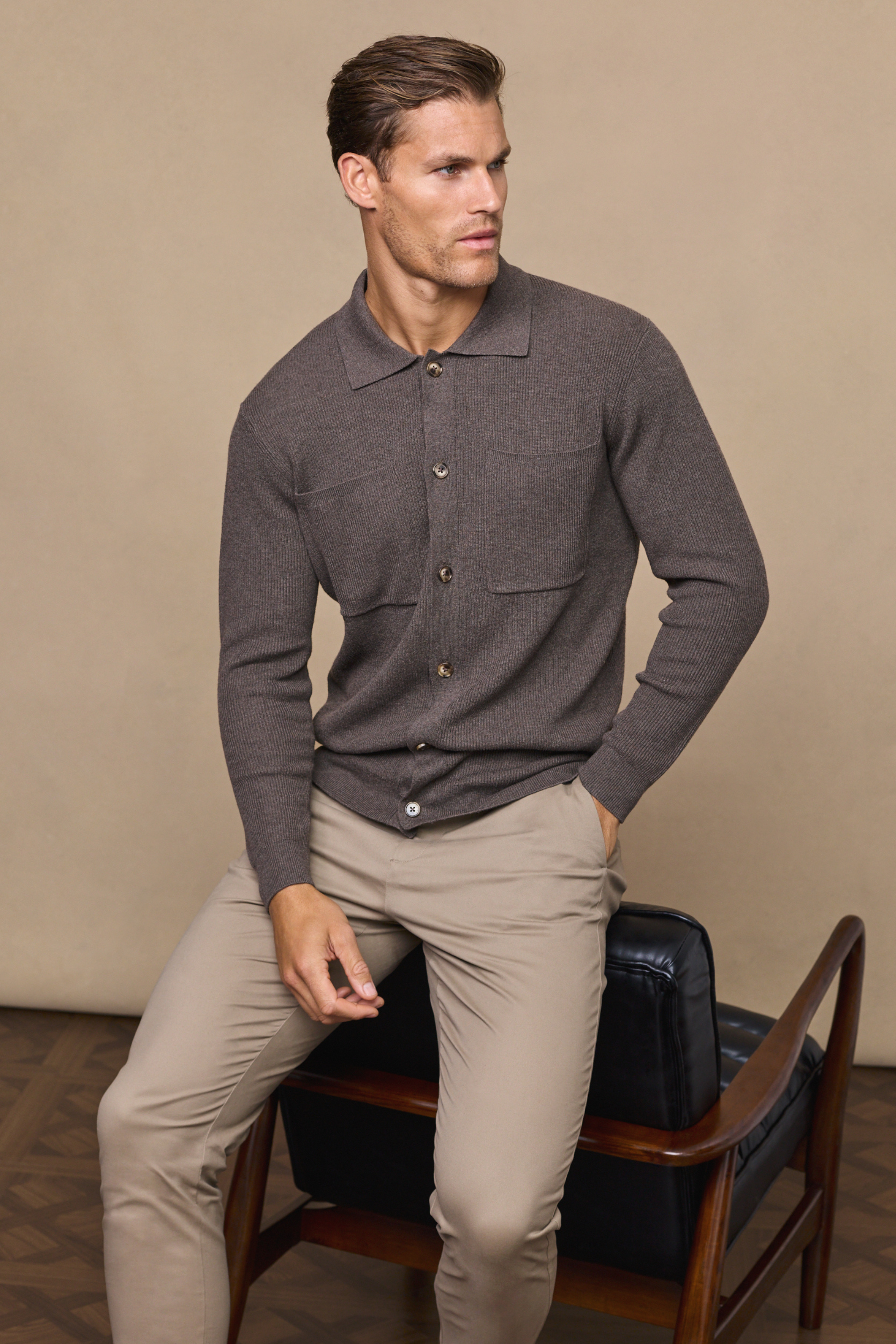 Elias Light Brown Marl Ribbed Pocket Cardigan