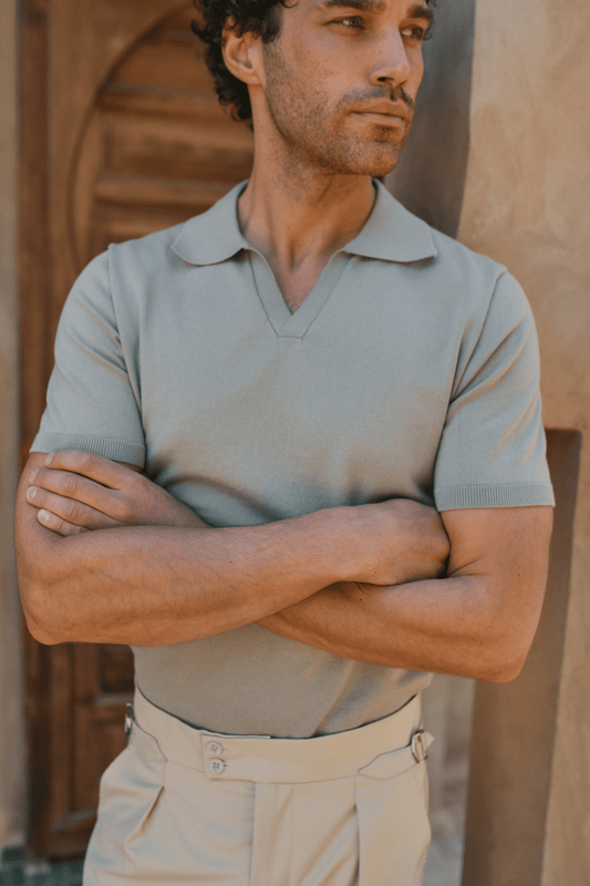 Sage Green Privia Knitted Polo with Open Neck