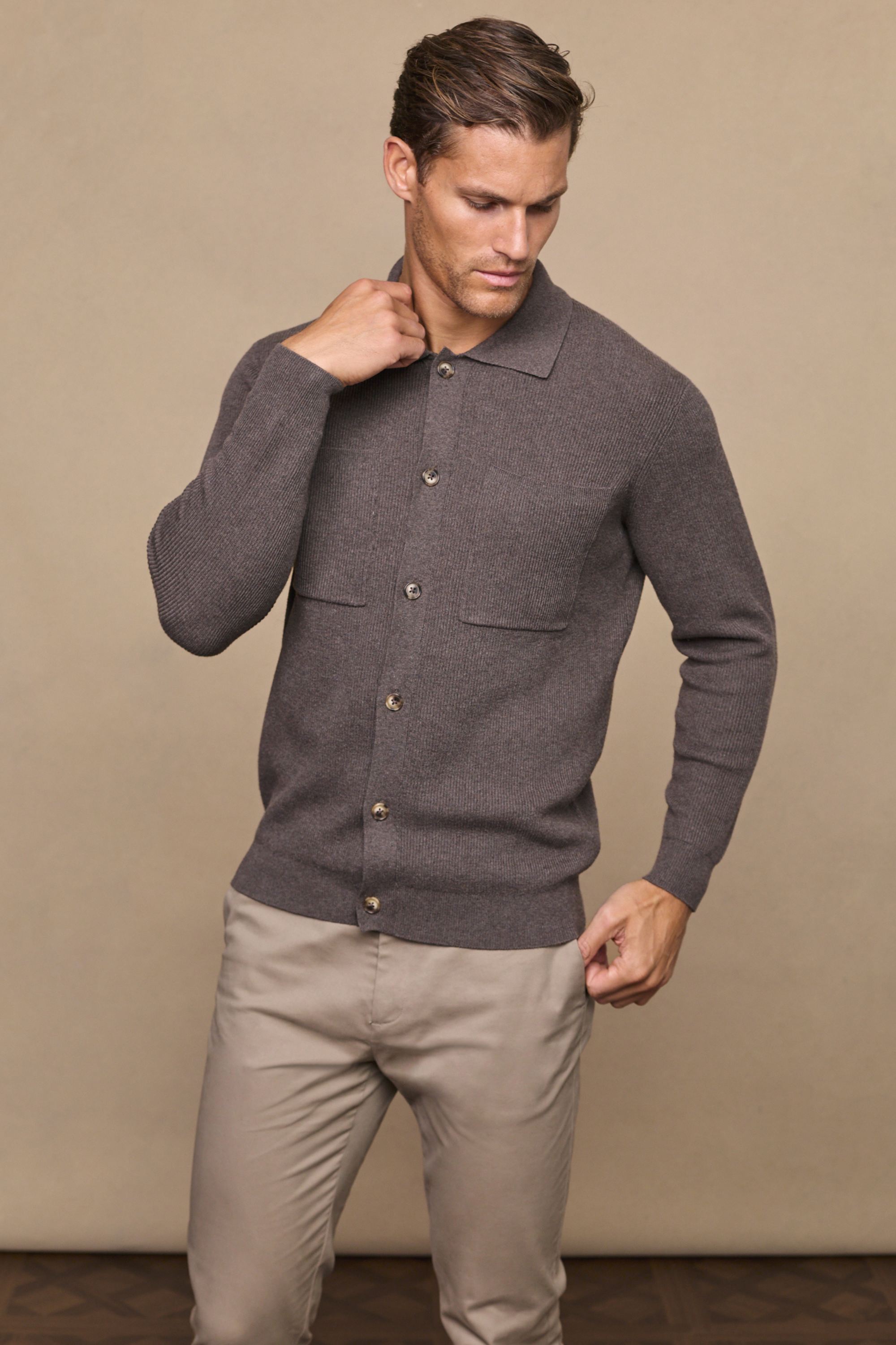 Elias Light Brown Marl Ribbed Pocket Cardigan