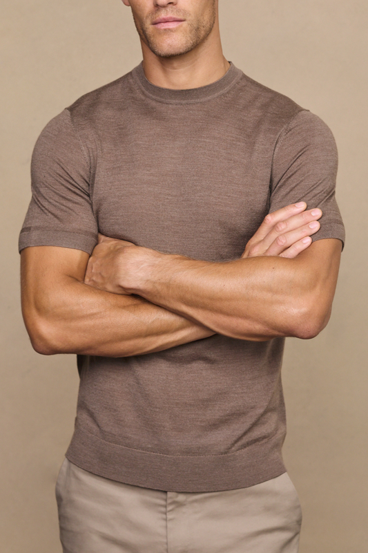 Man wearing a cedric brown marl fine knit t-shirt against a plain white background