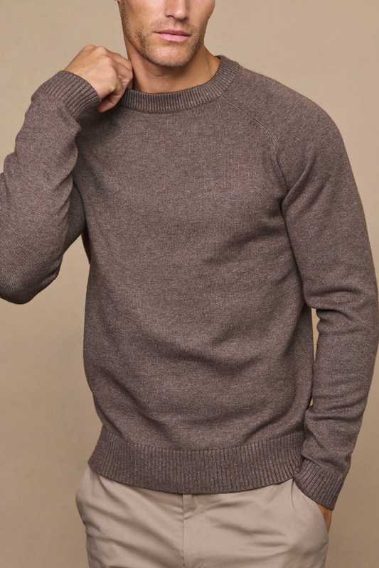 Man wearing a lando brown marl crew neck knit sweater against a light beige background