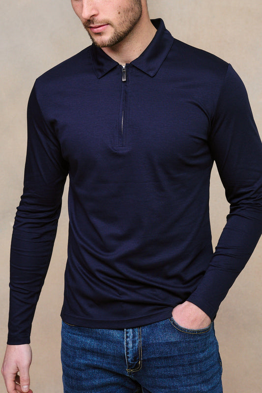 Mercerized Long Sleeve Zip Polo - Navy