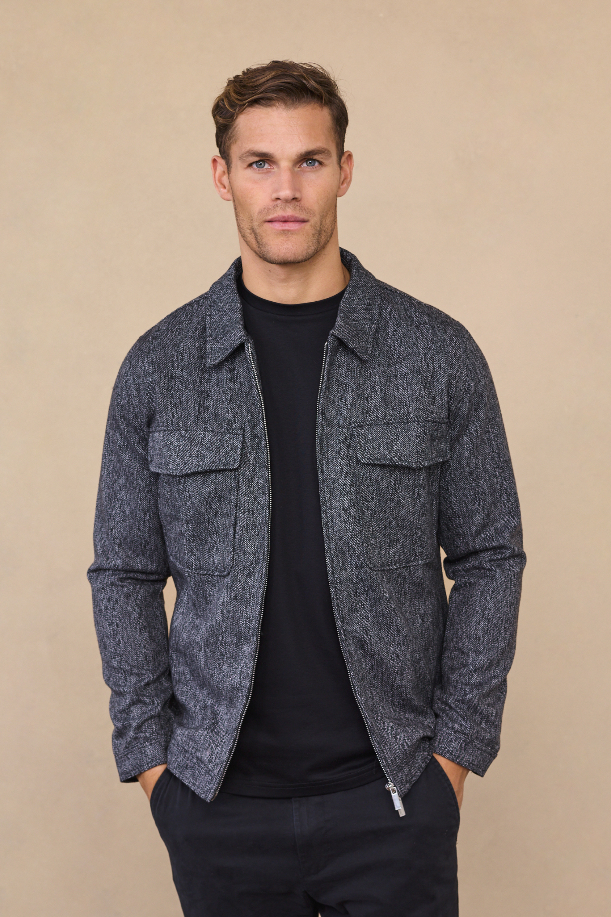 Carter Black Herringbone Wool Harrington Jacket