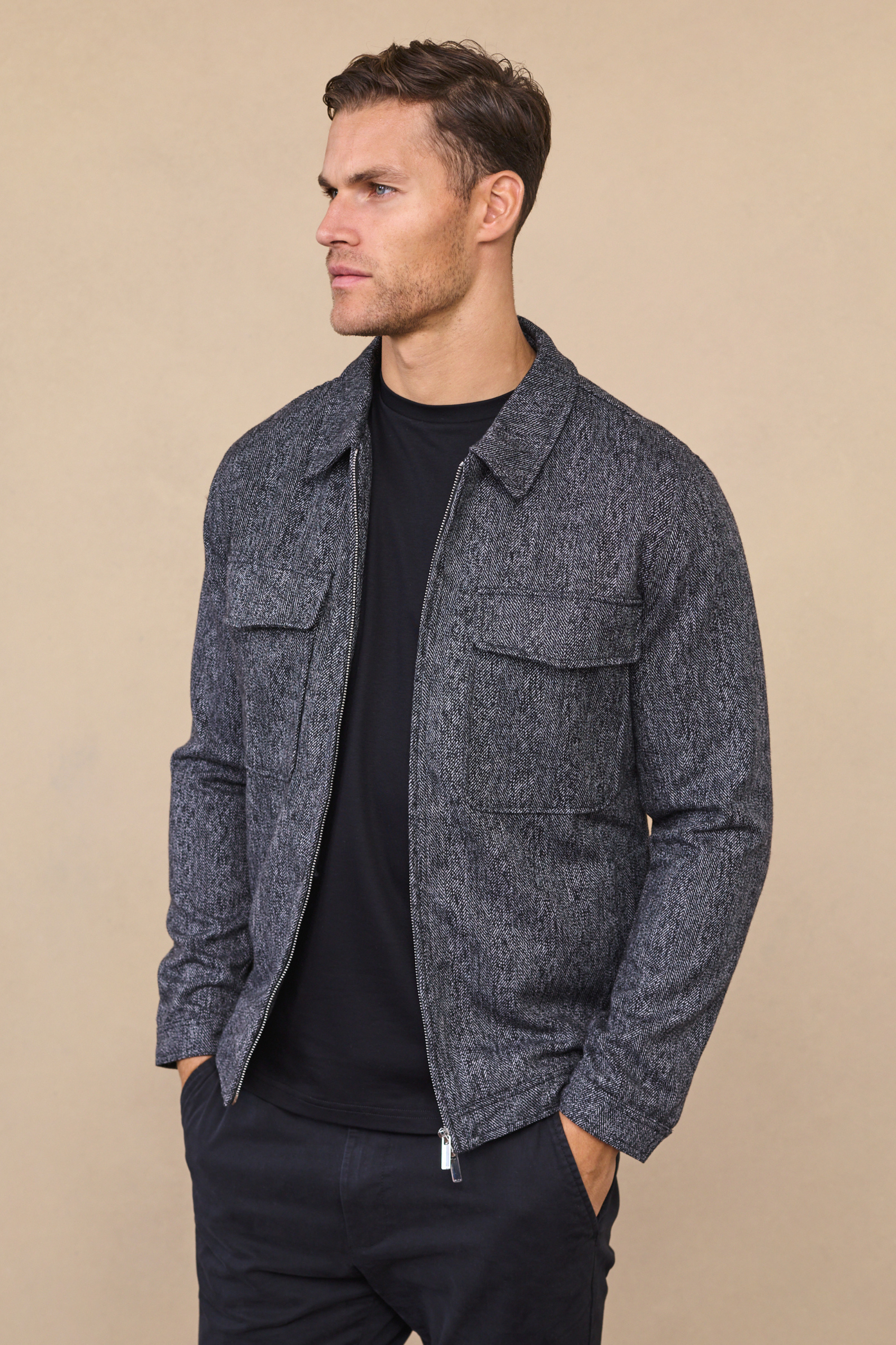 Carter Black Herringbone Wool Harrington Jacket