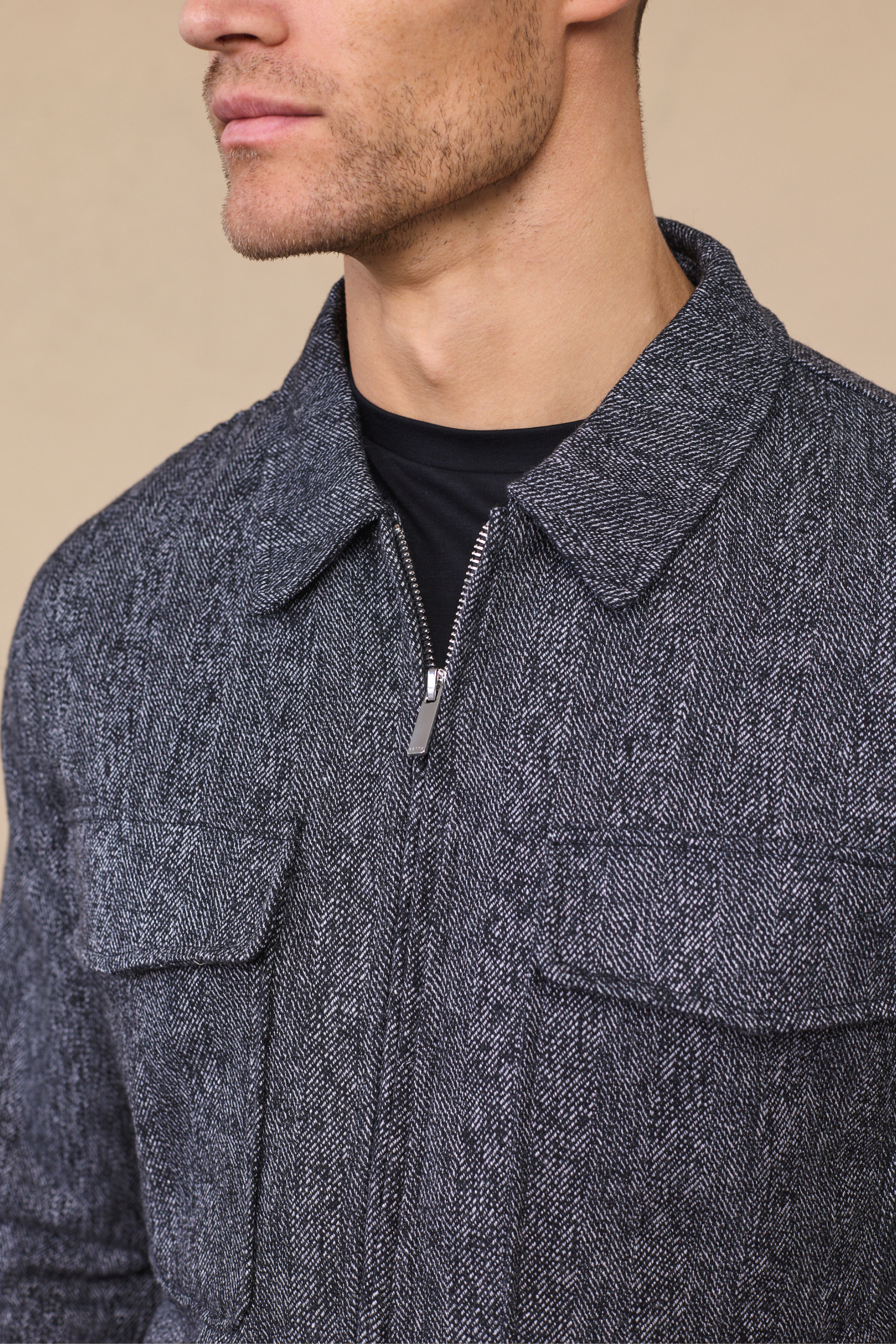 Carter Black Herringbone Wool Harrington Jacket