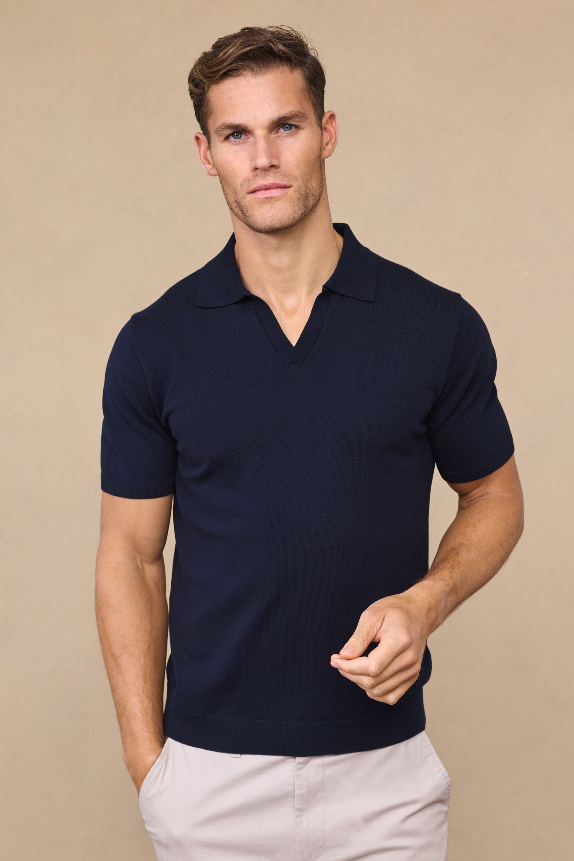 Navy Open Neck Polo by Privia - Knitted Design