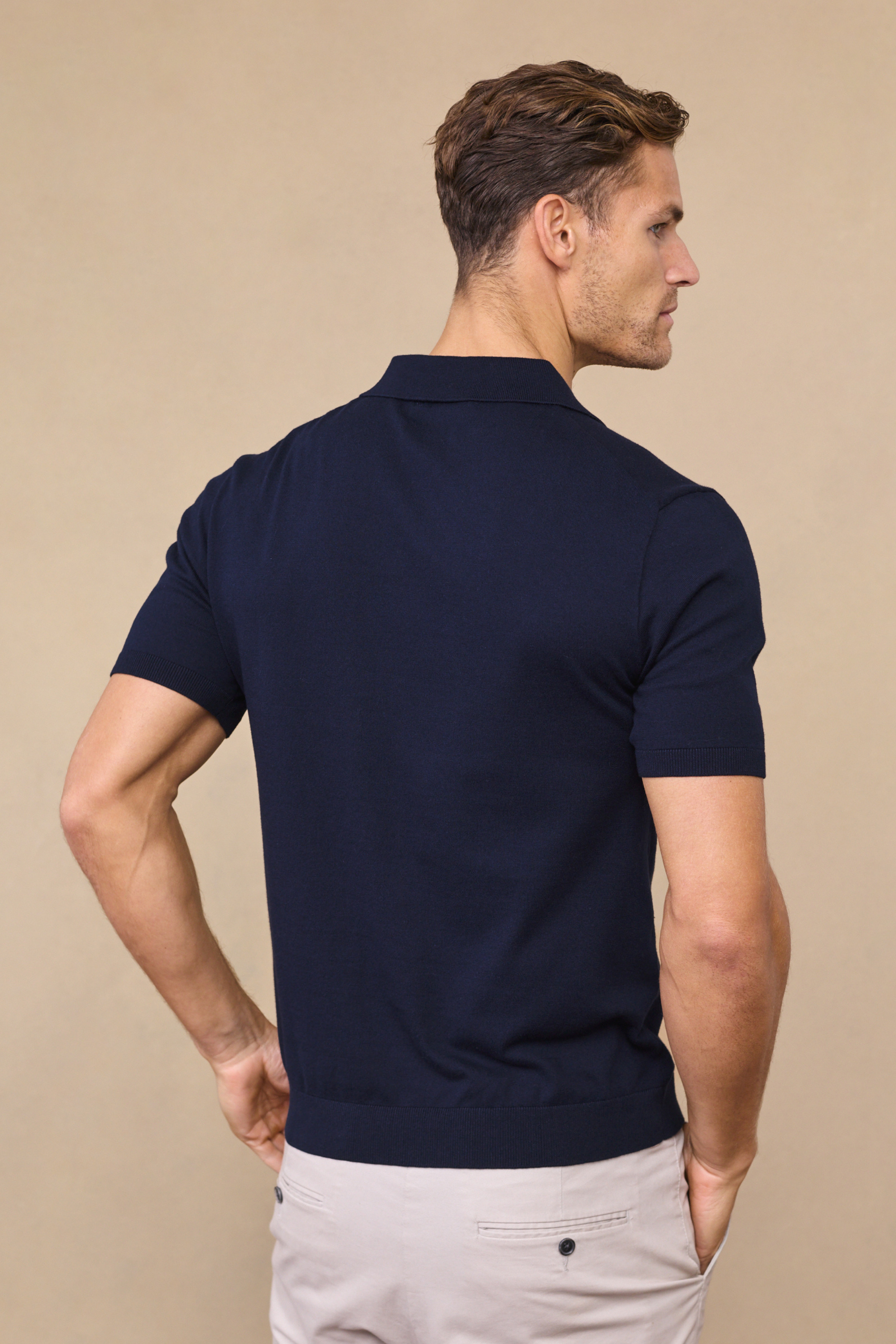 Navy Open Neck Polo by Privia - Knitted Design