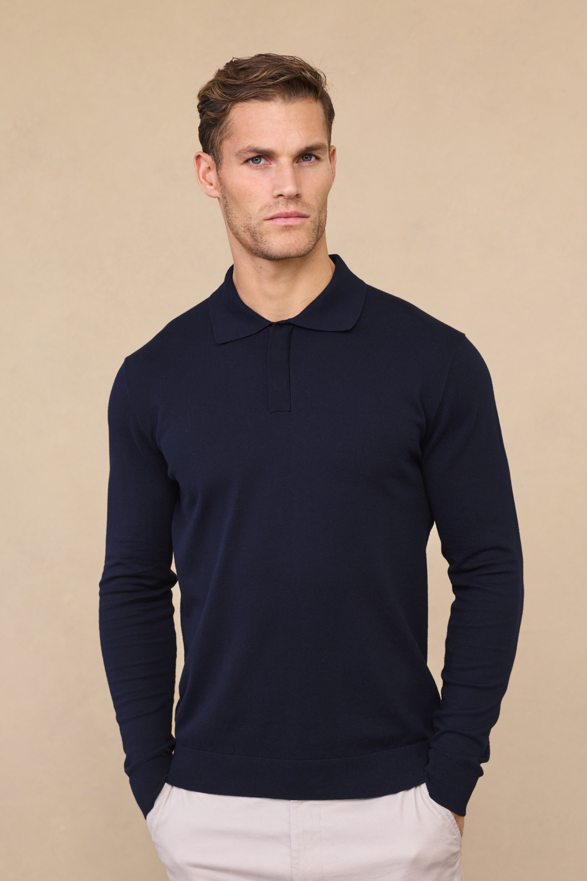 Navy Andre Long Sleeve Button-Up Polo