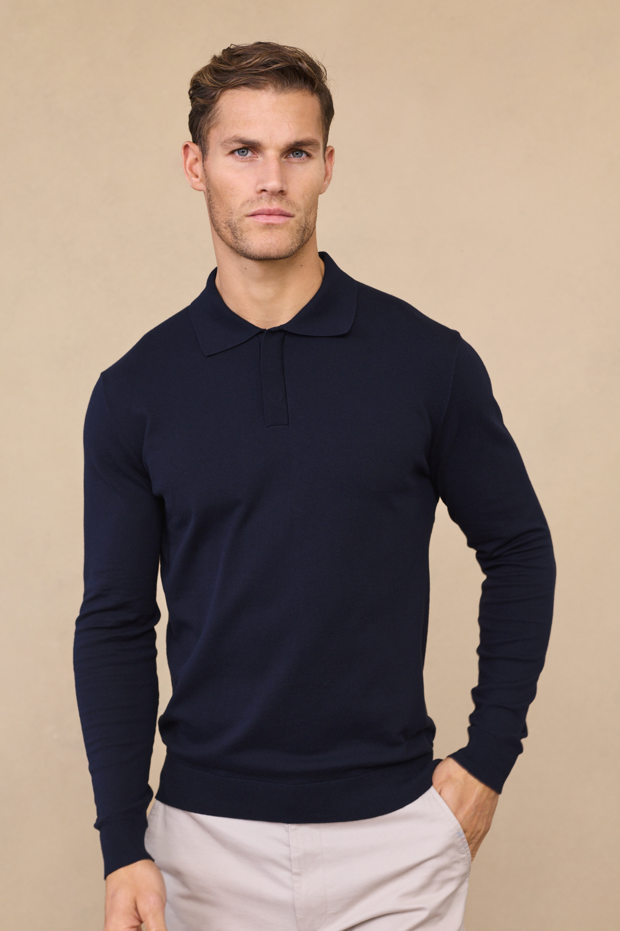 Navy Andre Long Sleeve Button-Up Polo