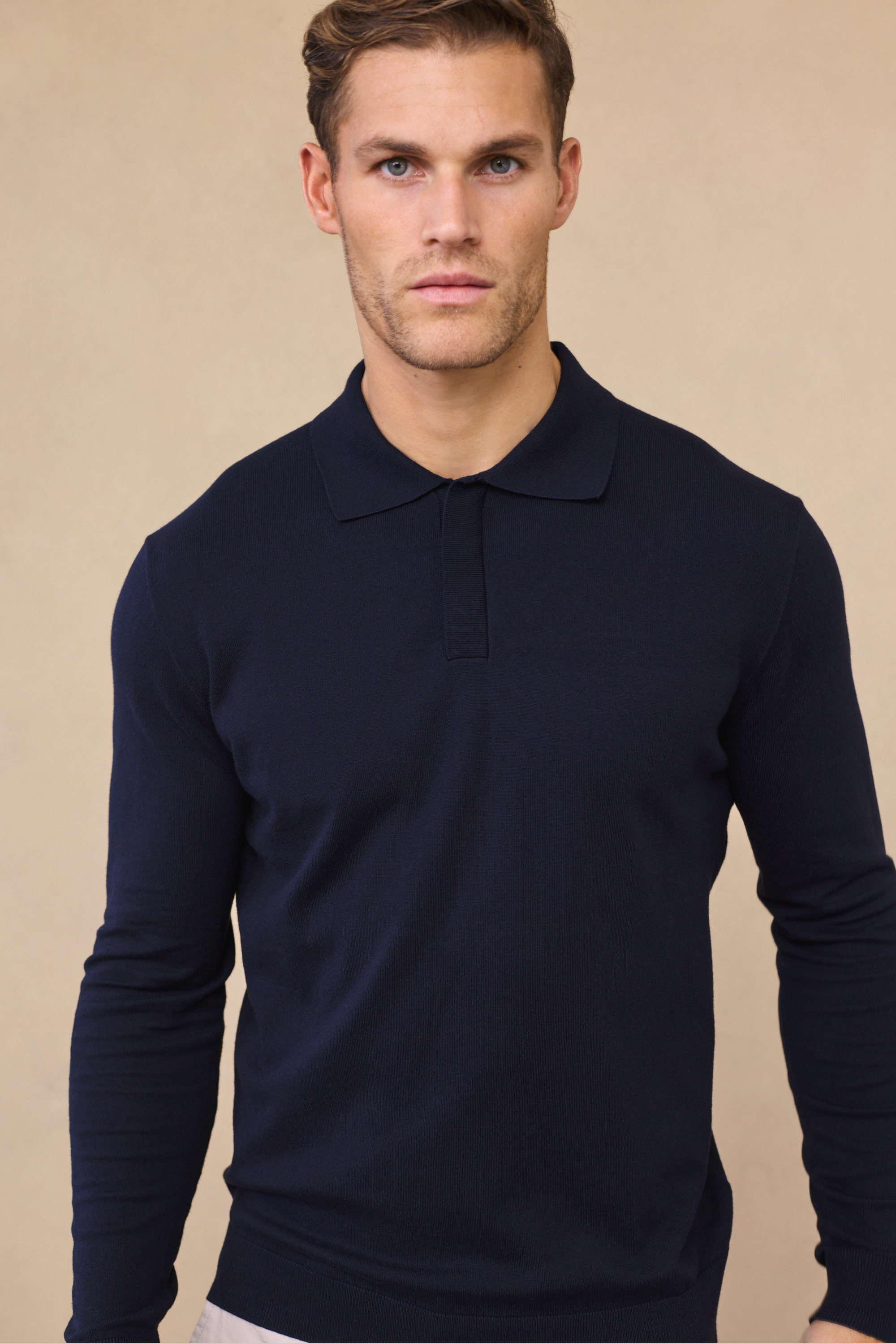 Navy Andre Long Sleeve Button-Up Polo