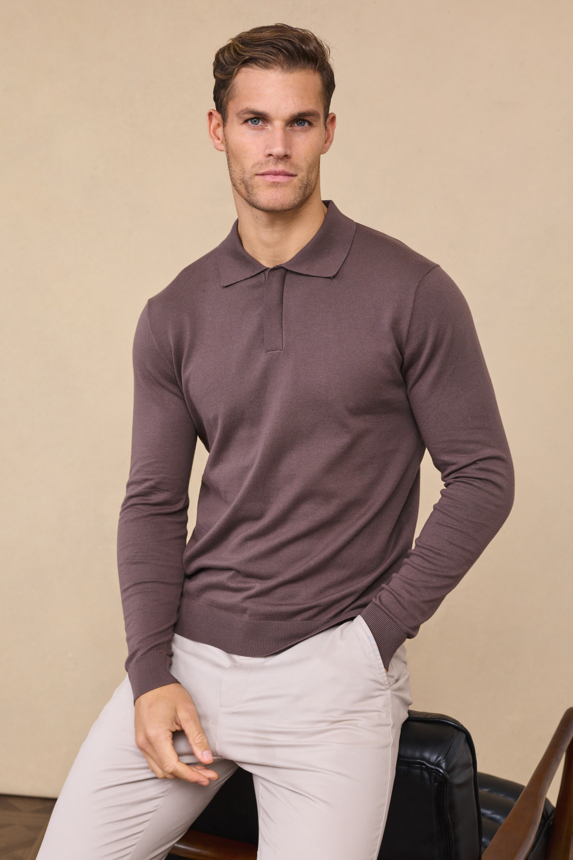 Mocha Andre Long Sleeve Button-Up Polo