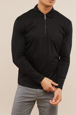 Premium Cotton Long Sleeve Zip Polo - Black 3
