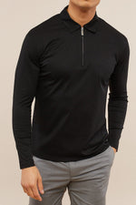 Premium Cotton Long Sleeve Zip Polo - Black 1