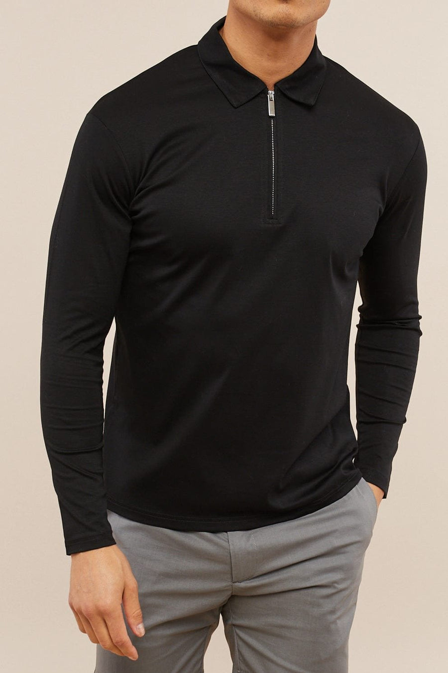 Premium Cotton Long Sleeve Zip Polo - Black