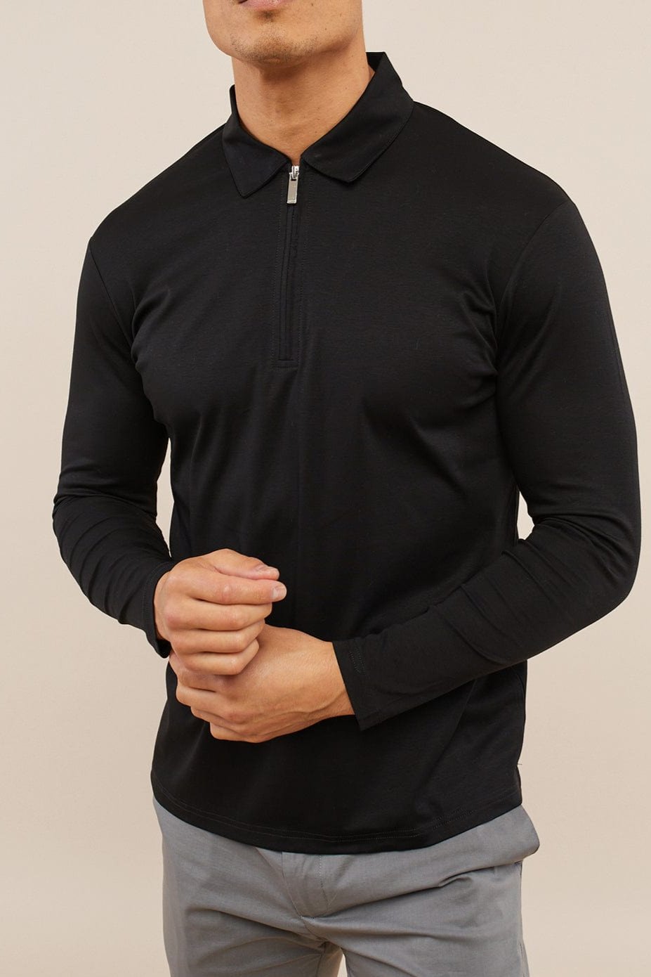 Premium Mercerized Long Sleeve Zip Polo - Black