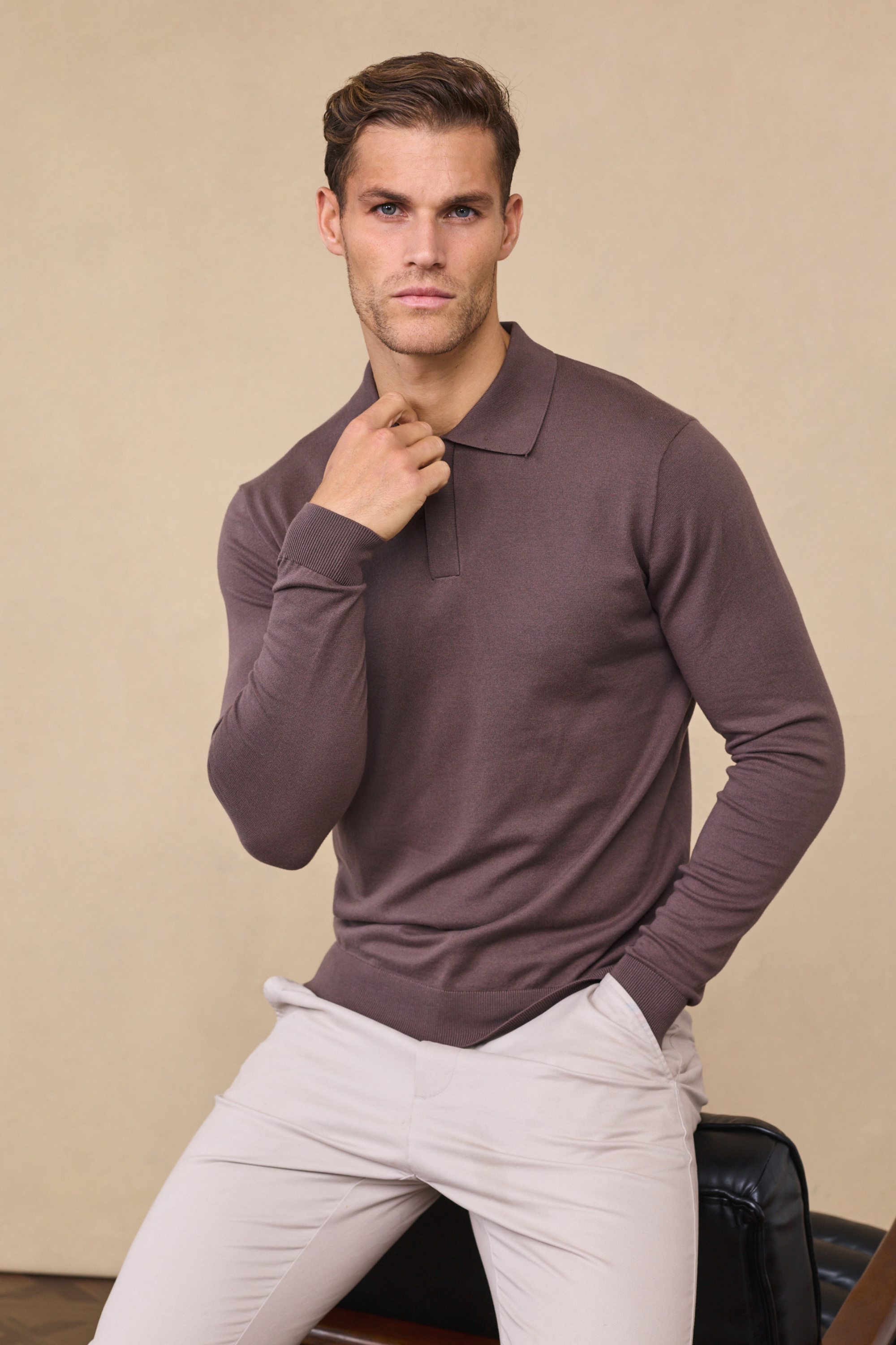 Mocha Andre Long Sleeve Button-Up Polo