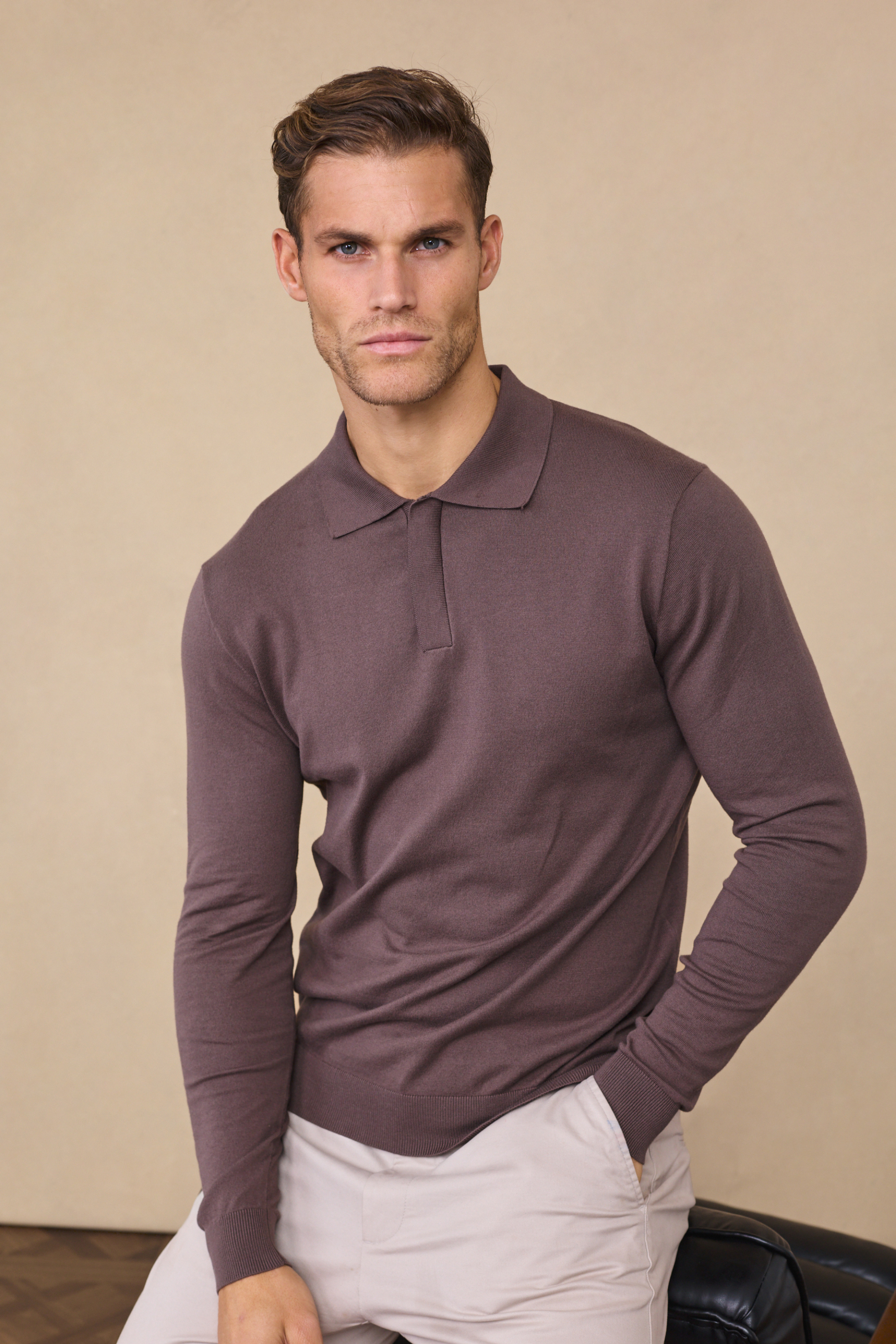 Mocha Andre Long Sleeve Button-Up Polo