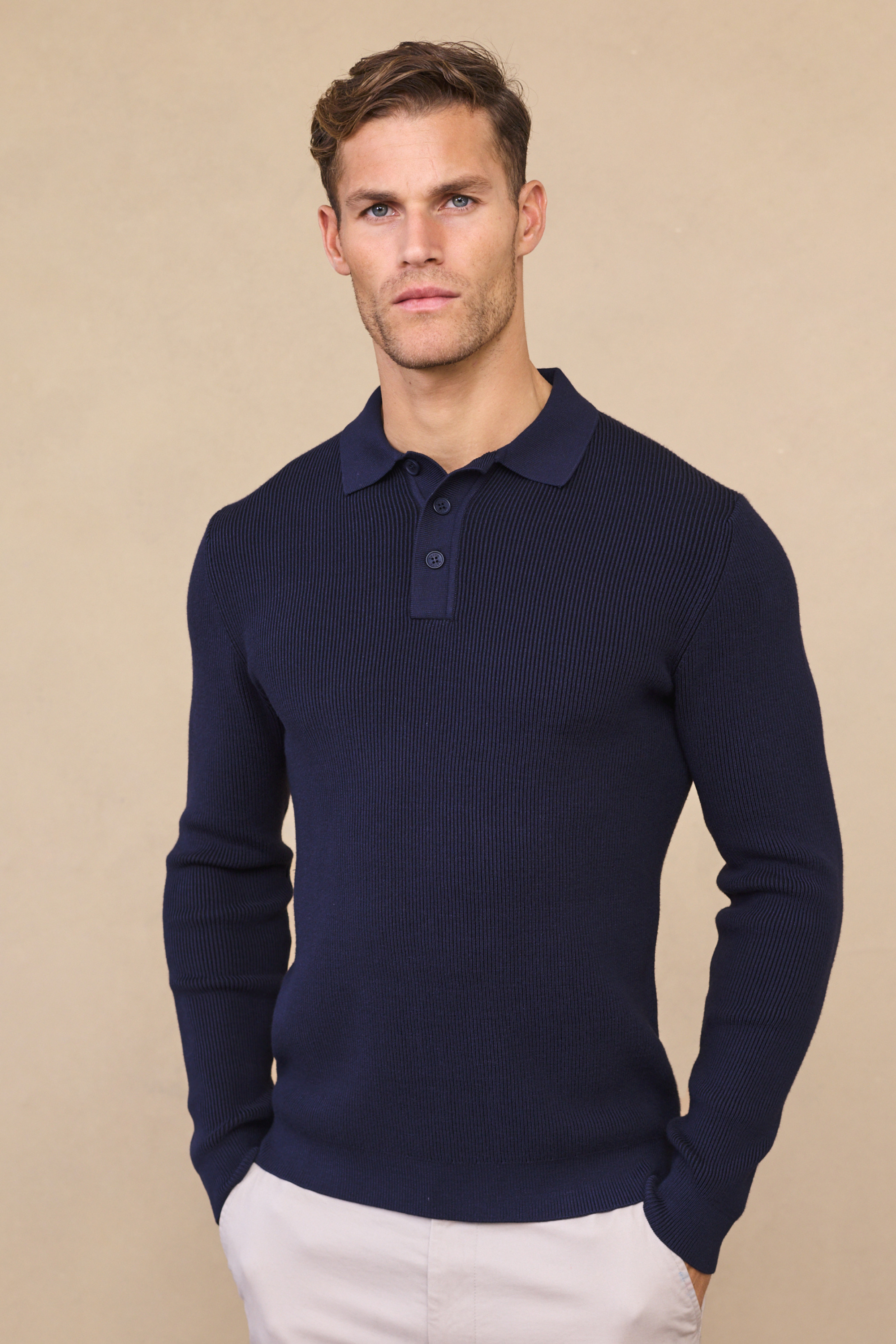 Angus Ribbed Polo Shirt - Navy