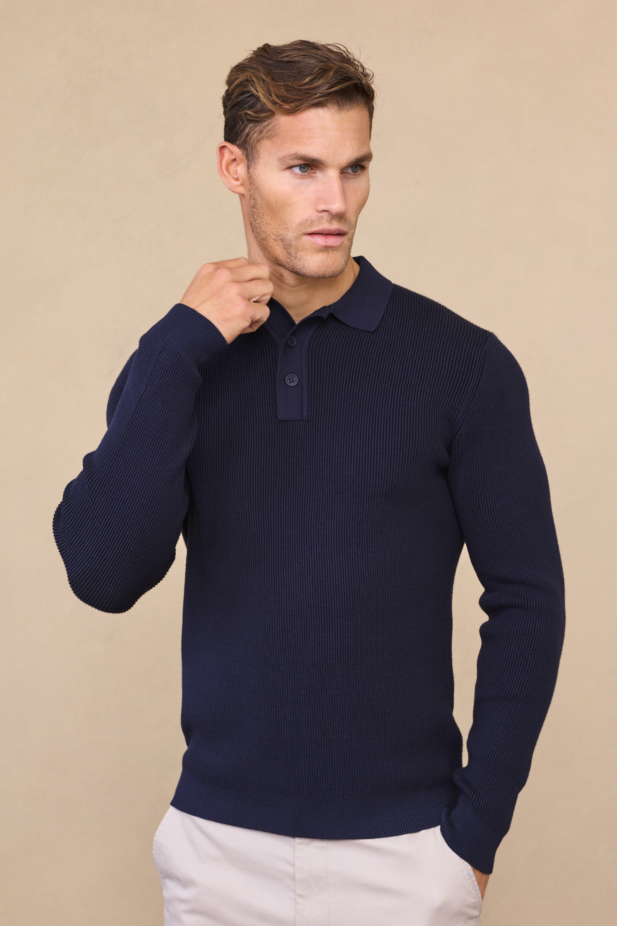 Angus Ribbed Polo Shirt - Navy
