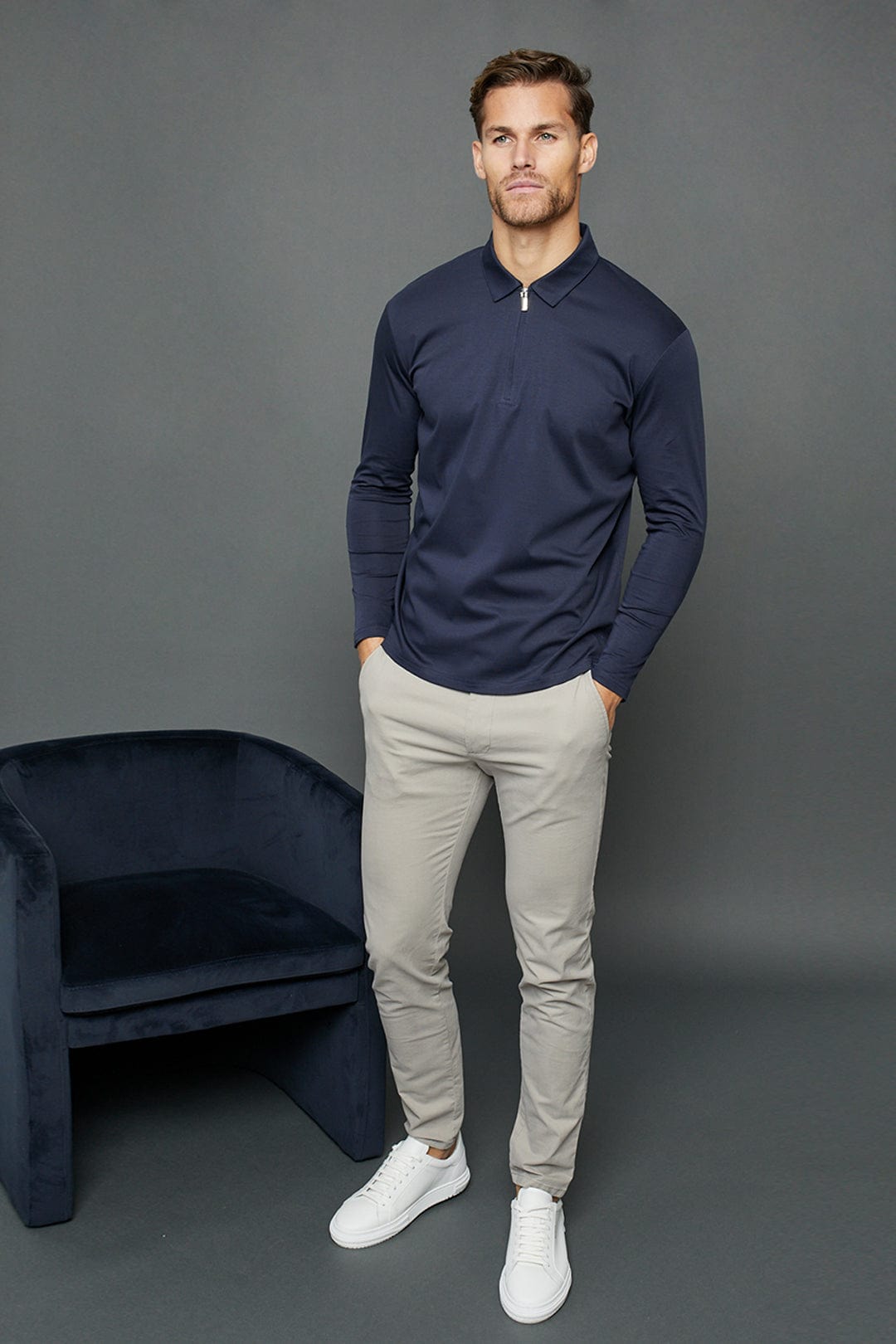 Mercerized Long Sleeve Zip Polo - Navy