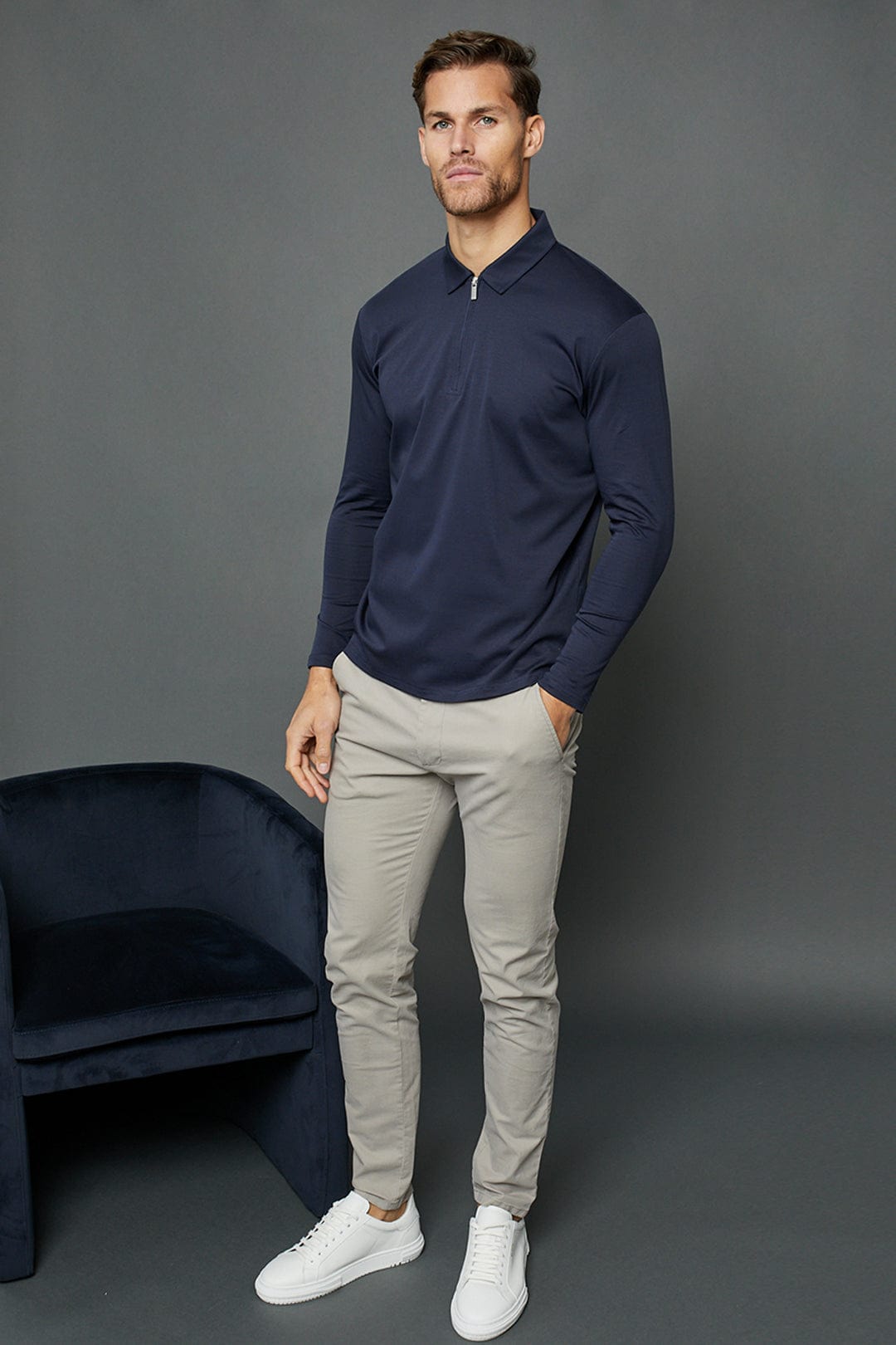 Mercerized Long Sleeve Zip Polo - Navy