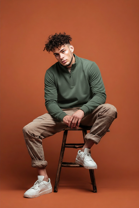 men's olive green mock neck fleece sweatshirt front view seated