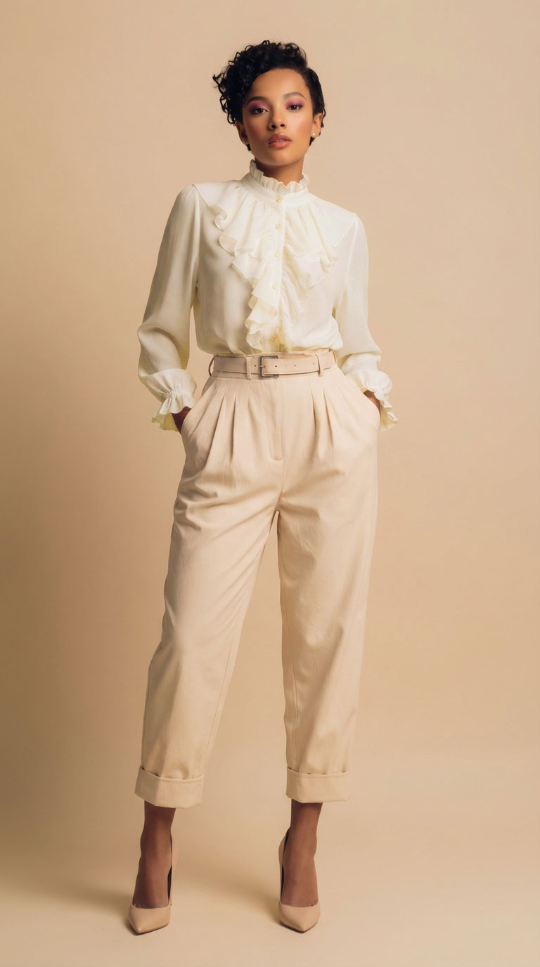 Luxe Beige Chiffon Ruffle Blouse | High Neck Button-Up Top