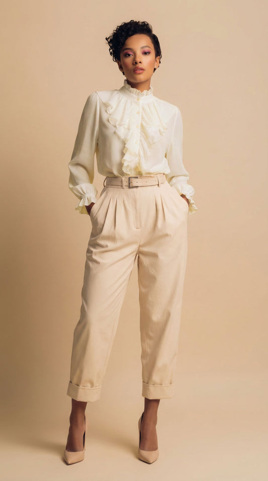 Luxe Beige Chiffon Ruffle Blouse | High Neck Button-Up Top