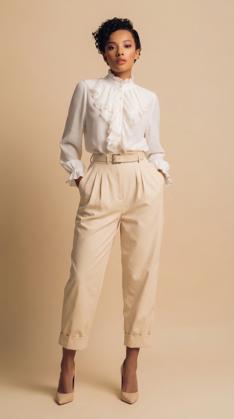 Luxe White Chiffon Ruffle Blouse | High Neck Button-Up Top