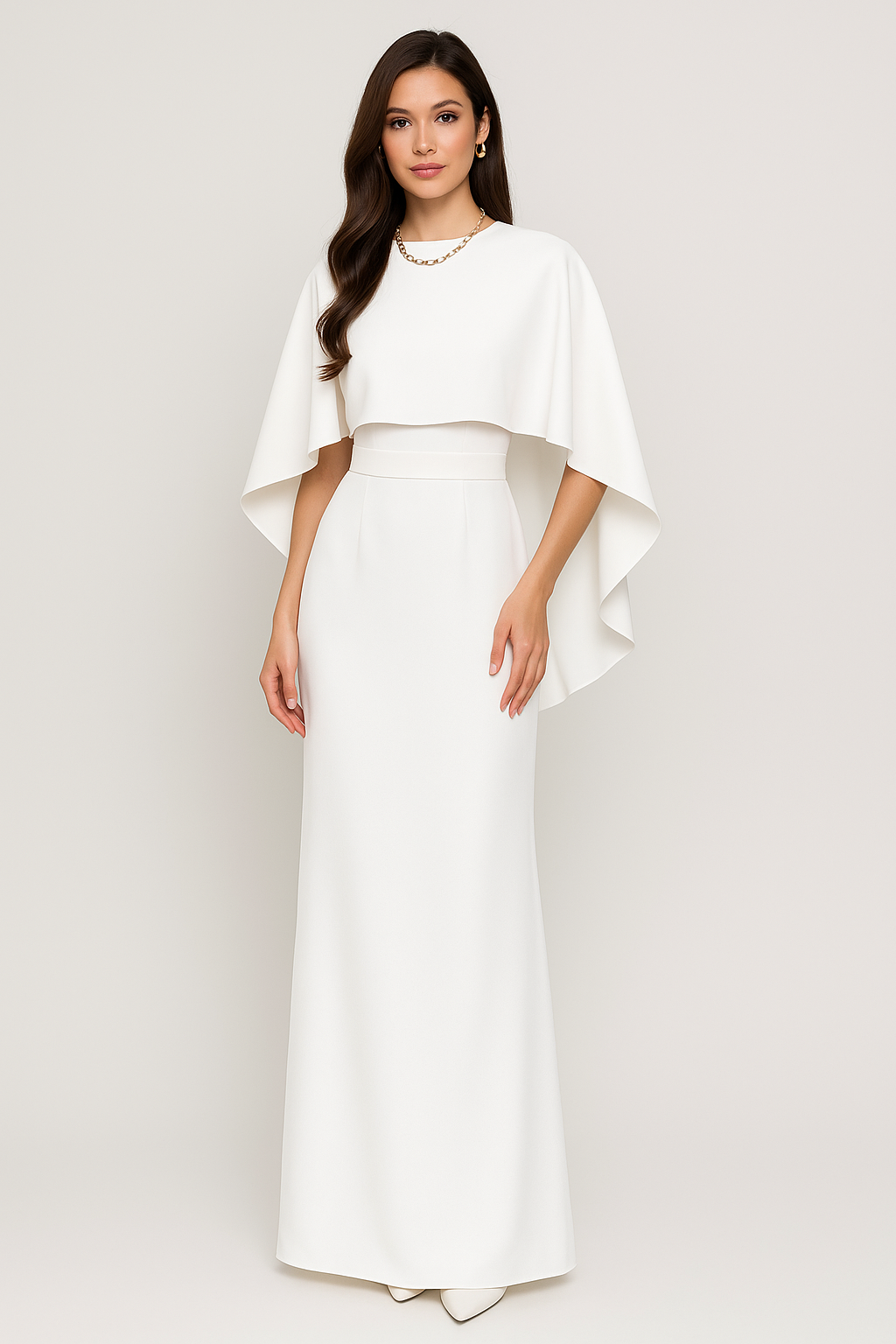 Woman wearing an evening dress against a clean studio background