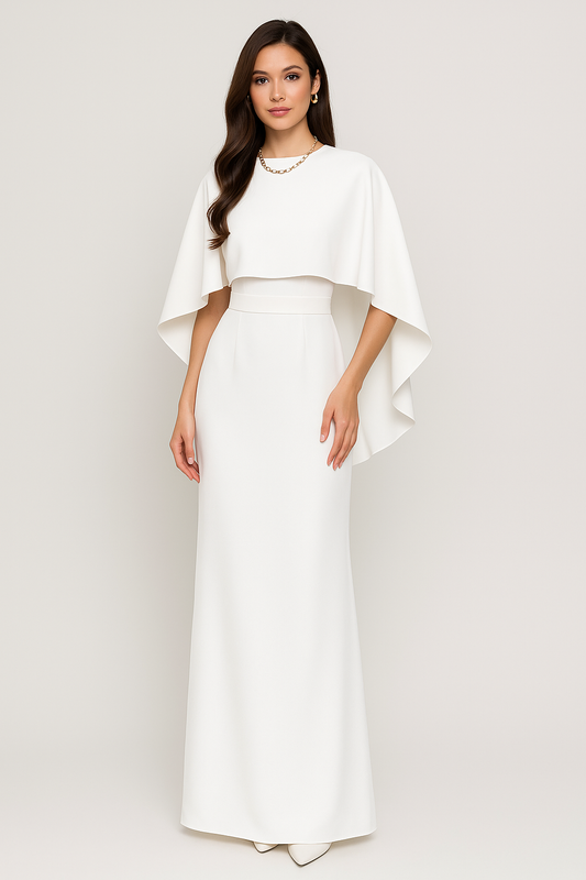 Woman wearing an evening dress against a clean studio background
