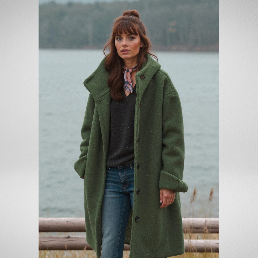 Woman wearing a coat against a neutral studio background