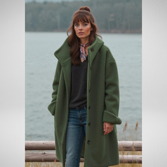 Woman wearing a coat against a neutral studio background