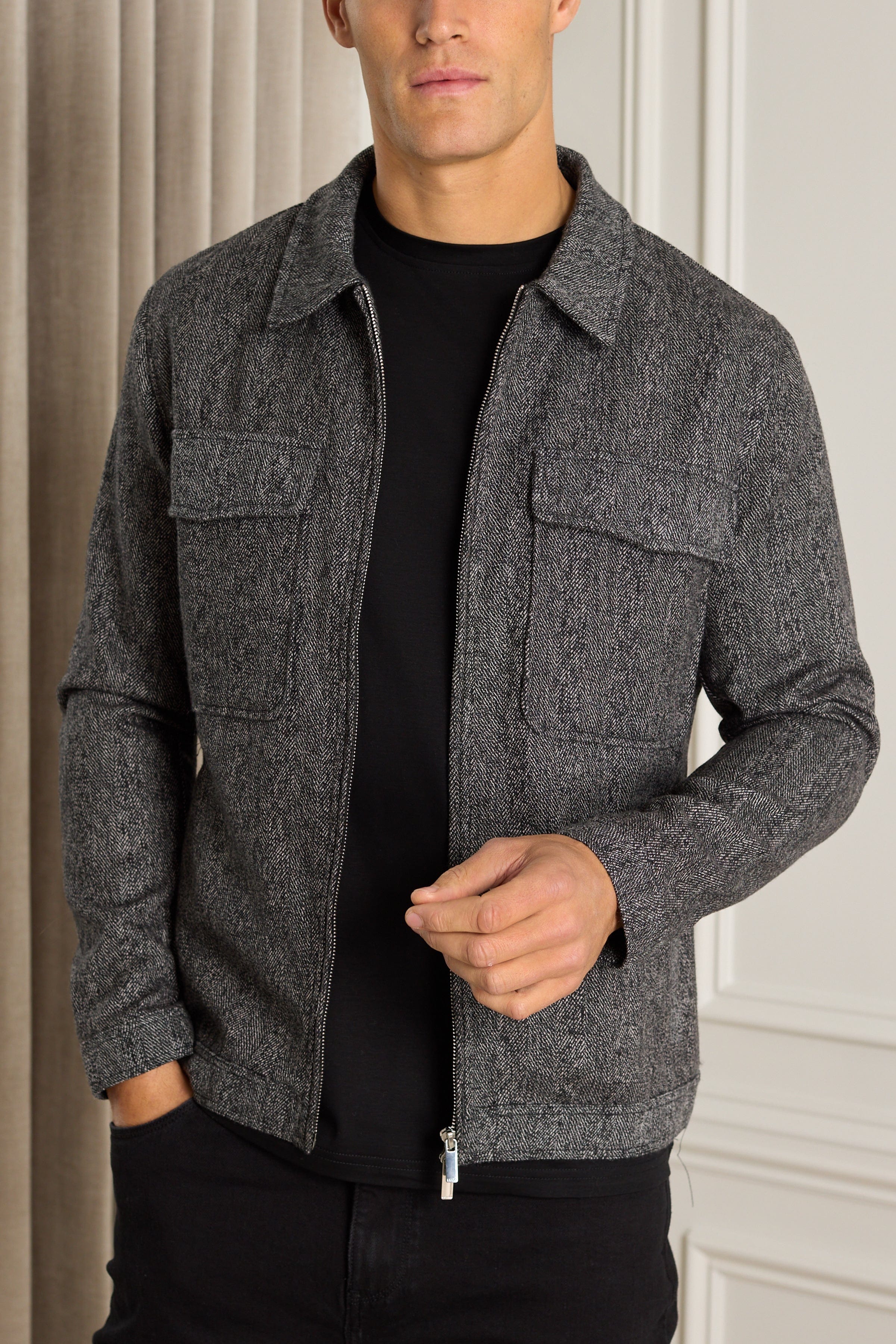 Carter Black Herringbone Wool Harrington Jacket