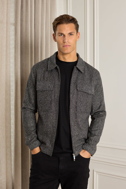 Carter Black Herringbone Wool Harrington Jacket