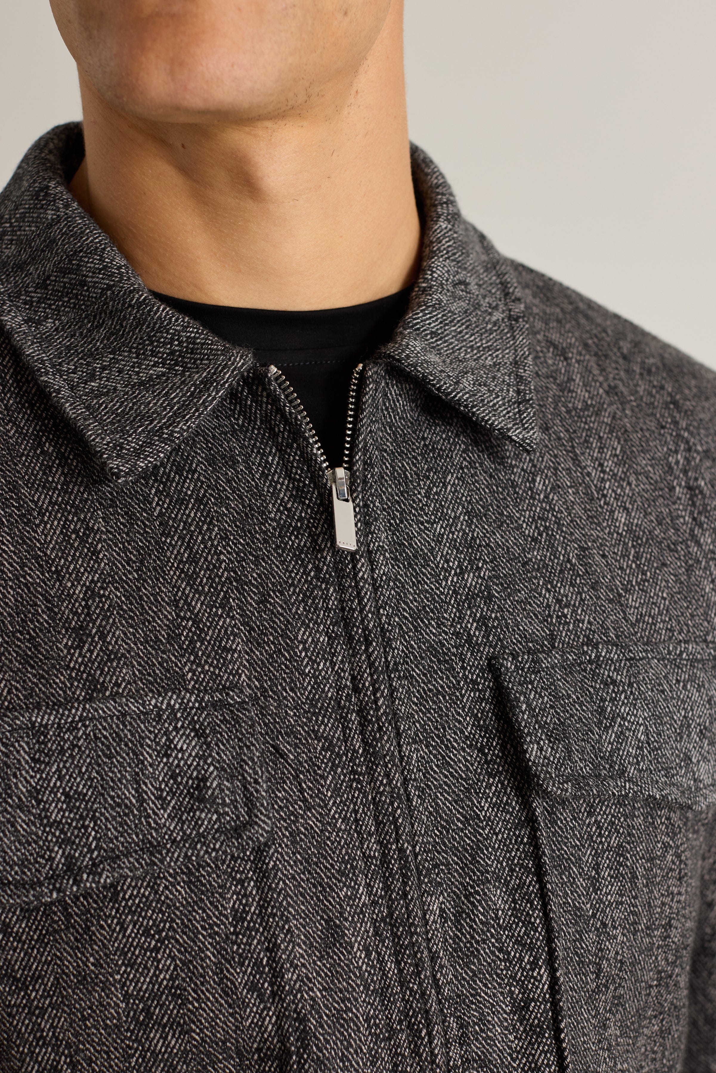 Carter Black Herringbone Wool Harrington Jacket