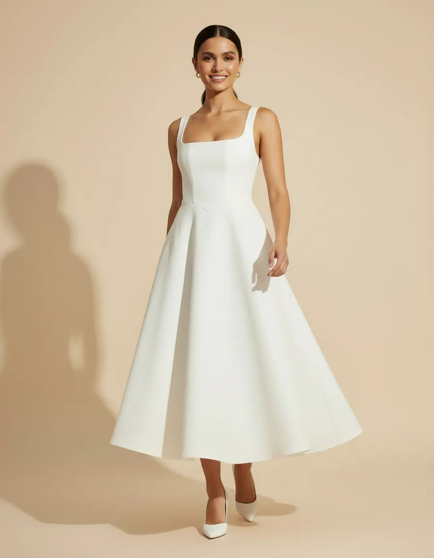 Woman wearing a dress against a clean studio background