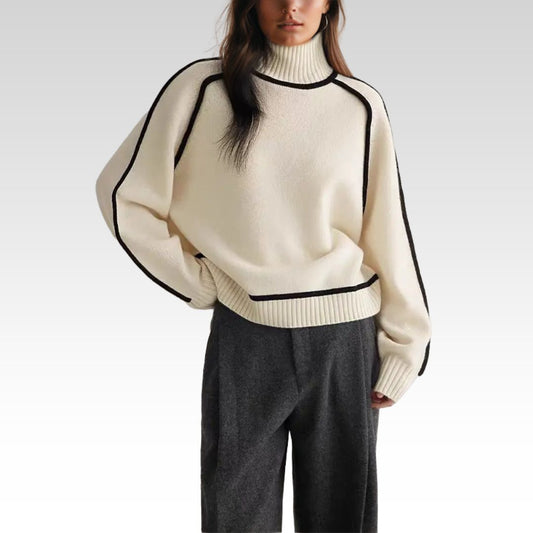 Woman wearing a lara | women's turtleneck pullover against a clean background