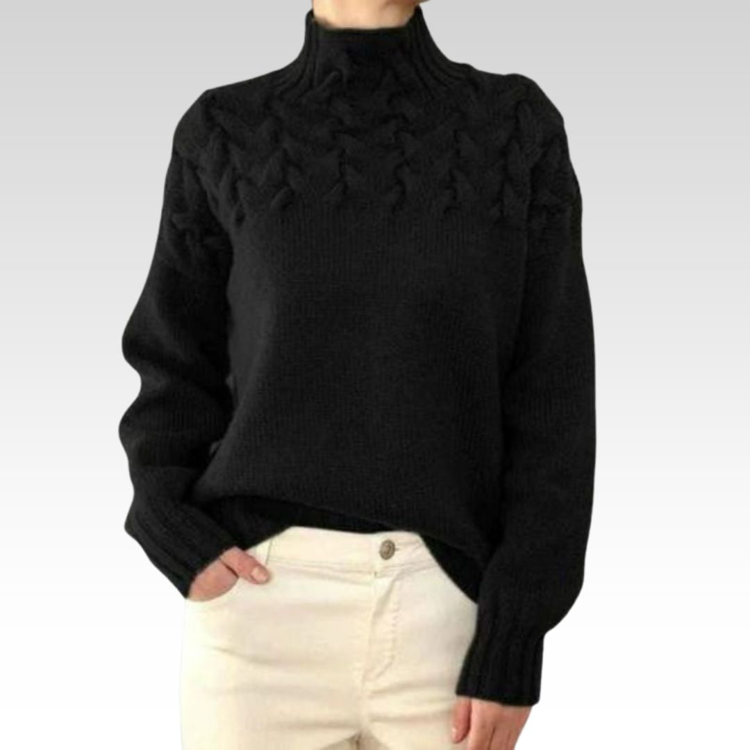 Man wearing an erika | cozy turtleneck knitwear against a light beige background