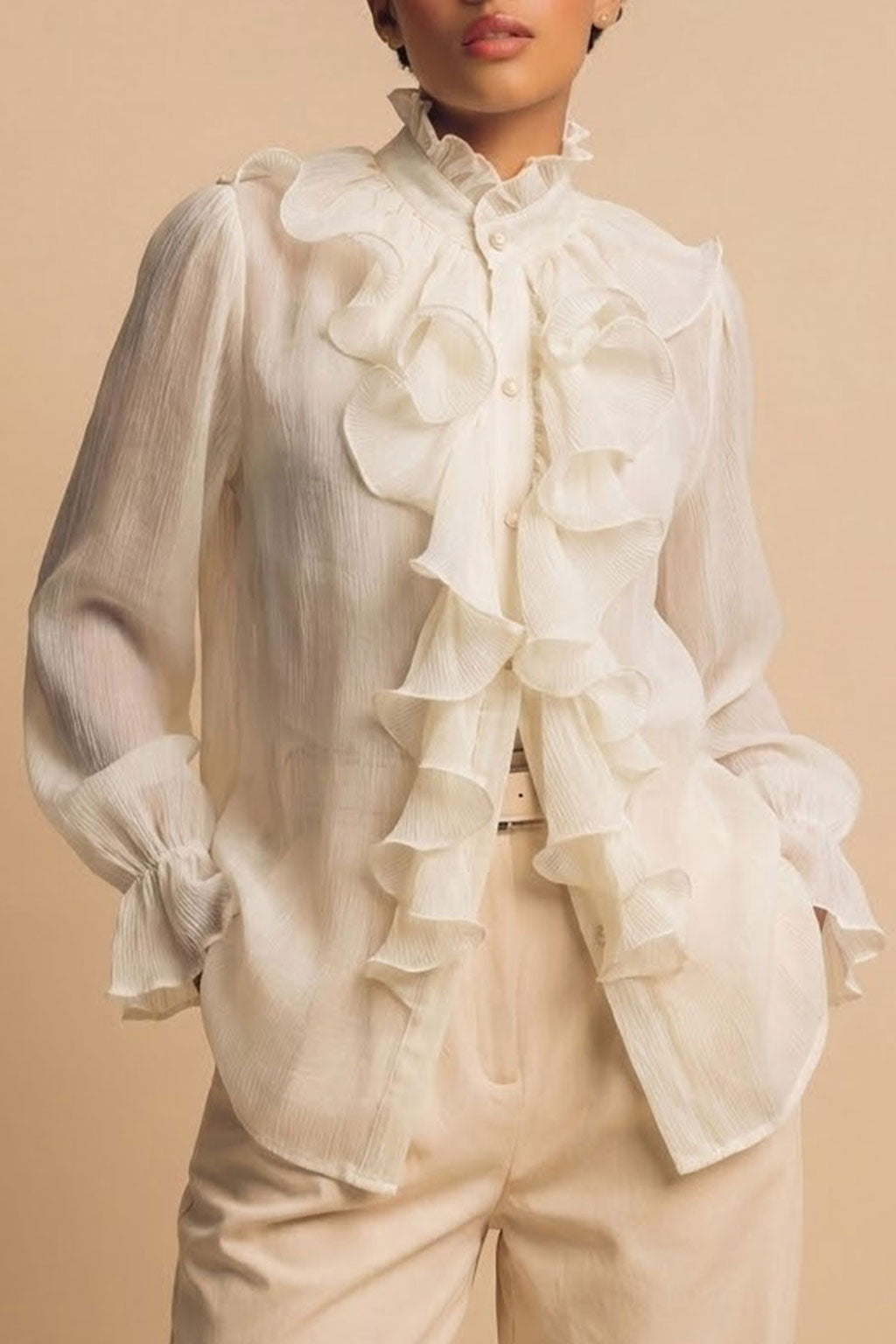Luxe Beige Chiffon Ruffle Blouse | High Neck Button-Up Top