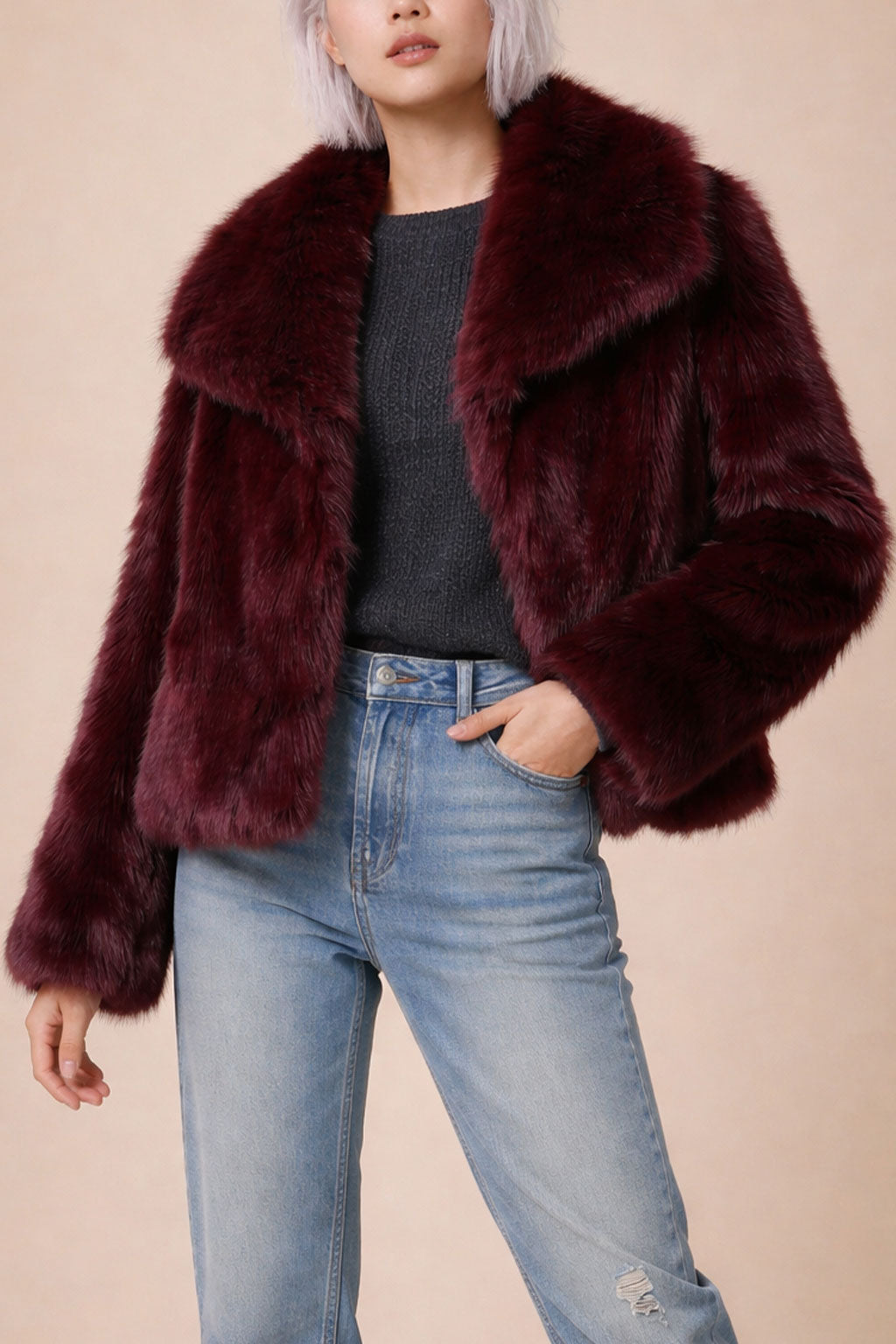 Faux Fur Coat - Burgundy