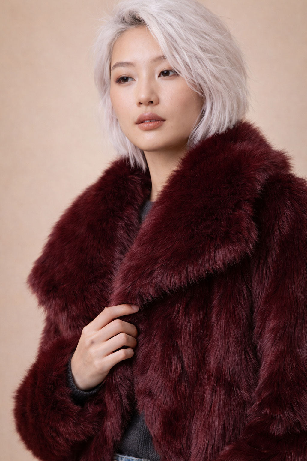 Faux Fur Coat - Burgundy