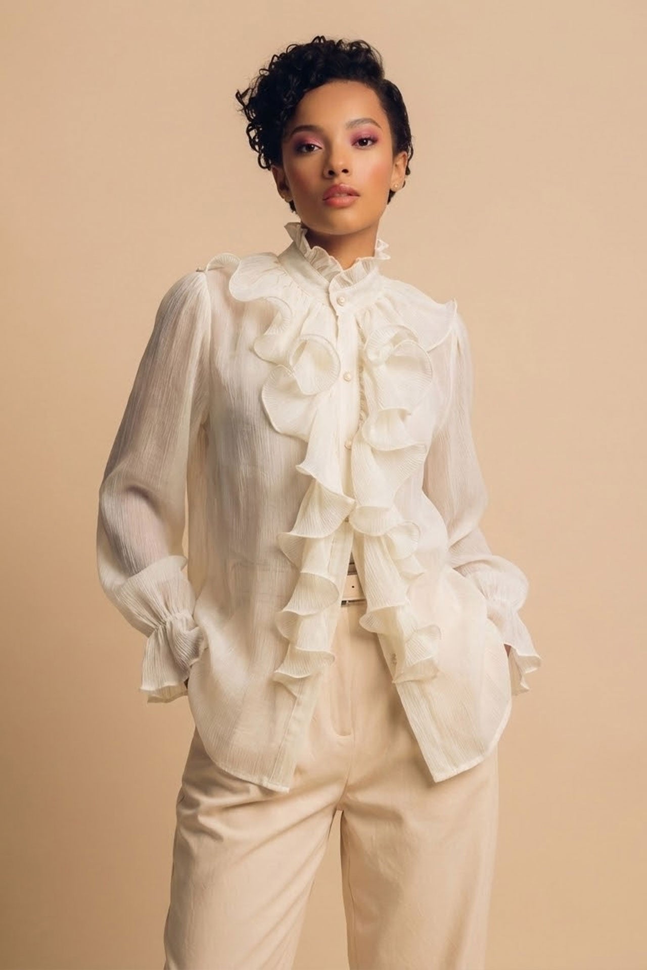 Luxe Beige Chiffon Ruffle Blouse | High Neck Button-Up Top